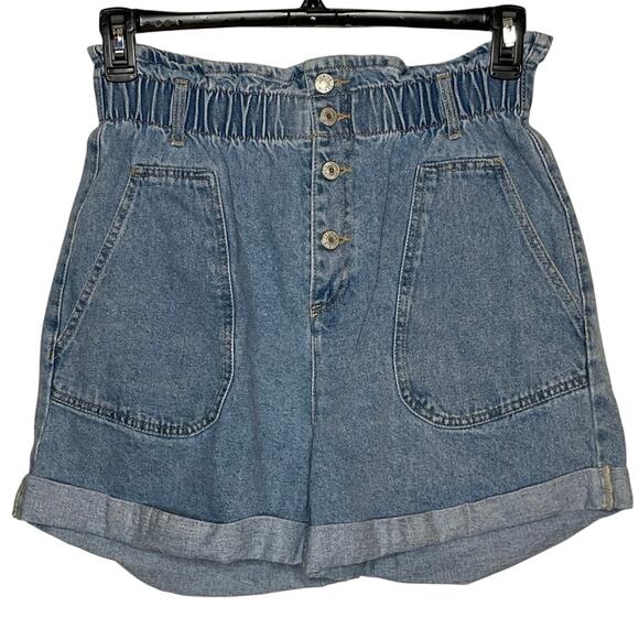 Love Tree Large Paper Bag High Waist Cuffed Blue Jean Shorts - Picture 1 of 6
